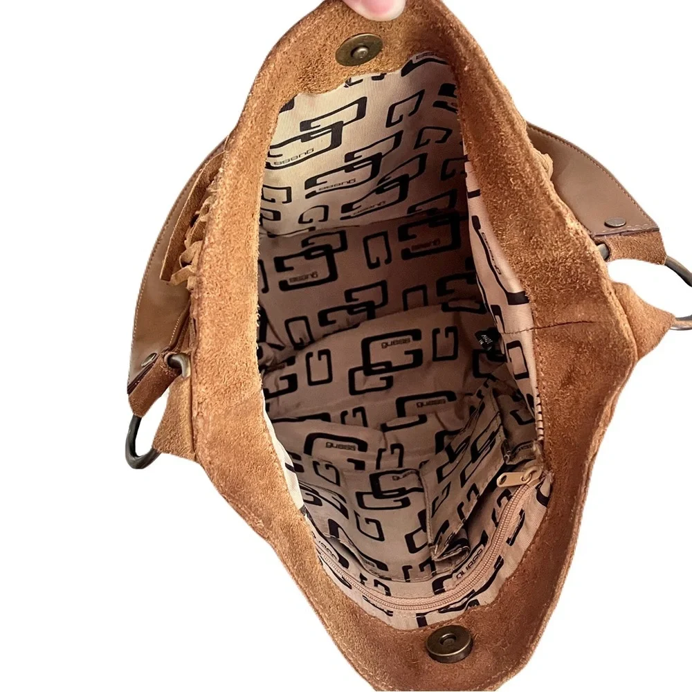 Vintage Y2K 90s Guess Tan Suede Fringe Western Bohemian Hobo Bag